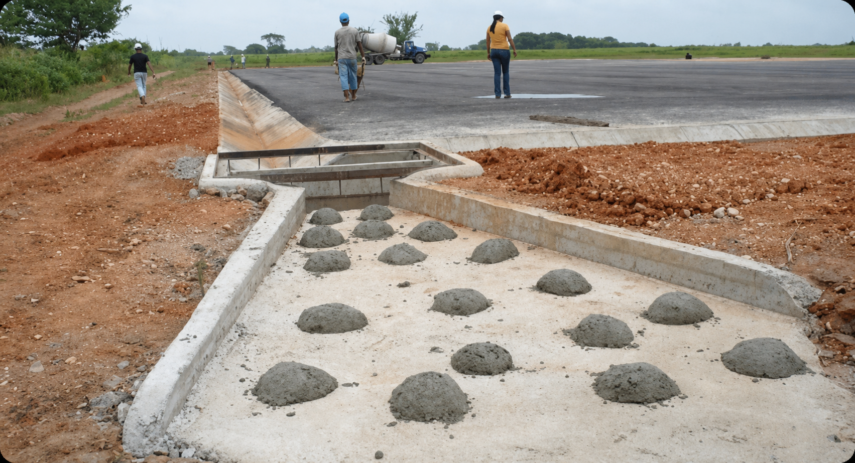Trabajadores ejecutando obras de concreto y drenaje